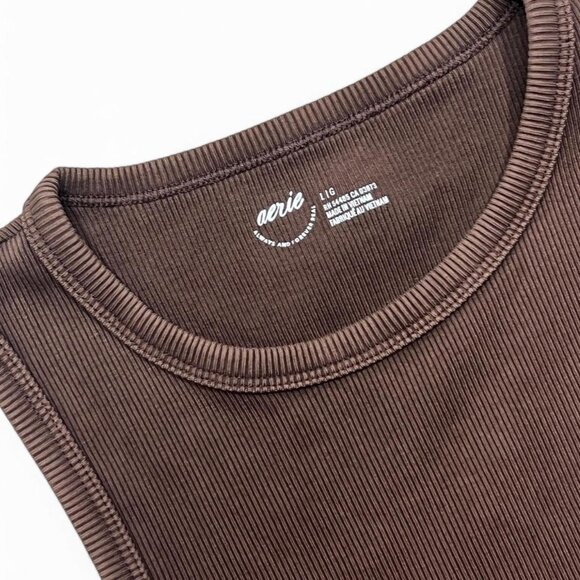Aerie Chocolate Brown Ribbed Curved Hem Tank Top Cropped Size L - Picture 2 of 4